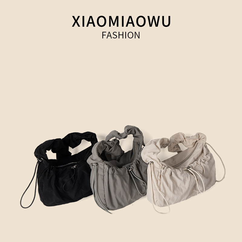 Pulling rope women's summer nylon single shoulder pleated bag, high-end sense, niche student casual versatile crossbody bag