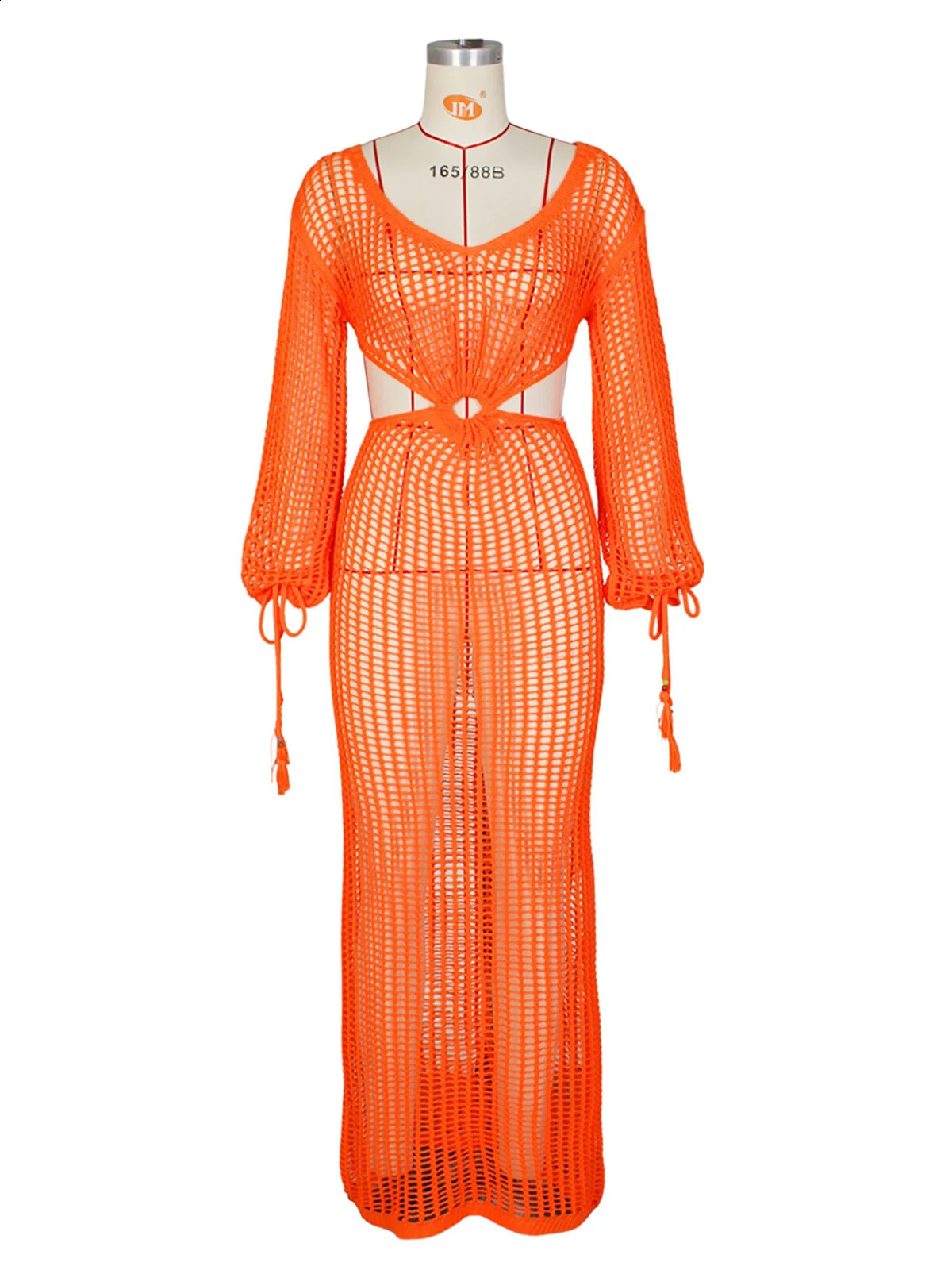 S - XL Sexy Crochet Knited Hollow Out Bodycon Long Dress Long Sleeves Fringe Tunic Cover-Ups Beach Dress Maxi Dress DV5322 240819