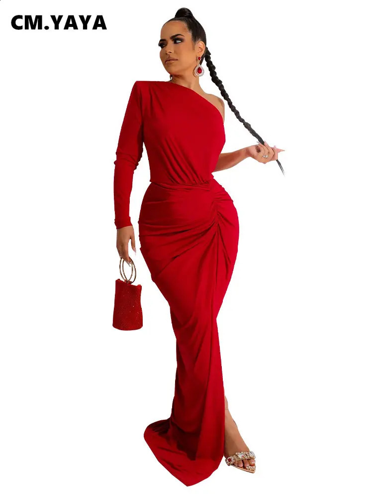 CM.YAYA Sexi Night Dress for Women One Long Sleeve Ruched High Side Split Maxi Long Asymmetical Vestidos De Verano Mujer 240819