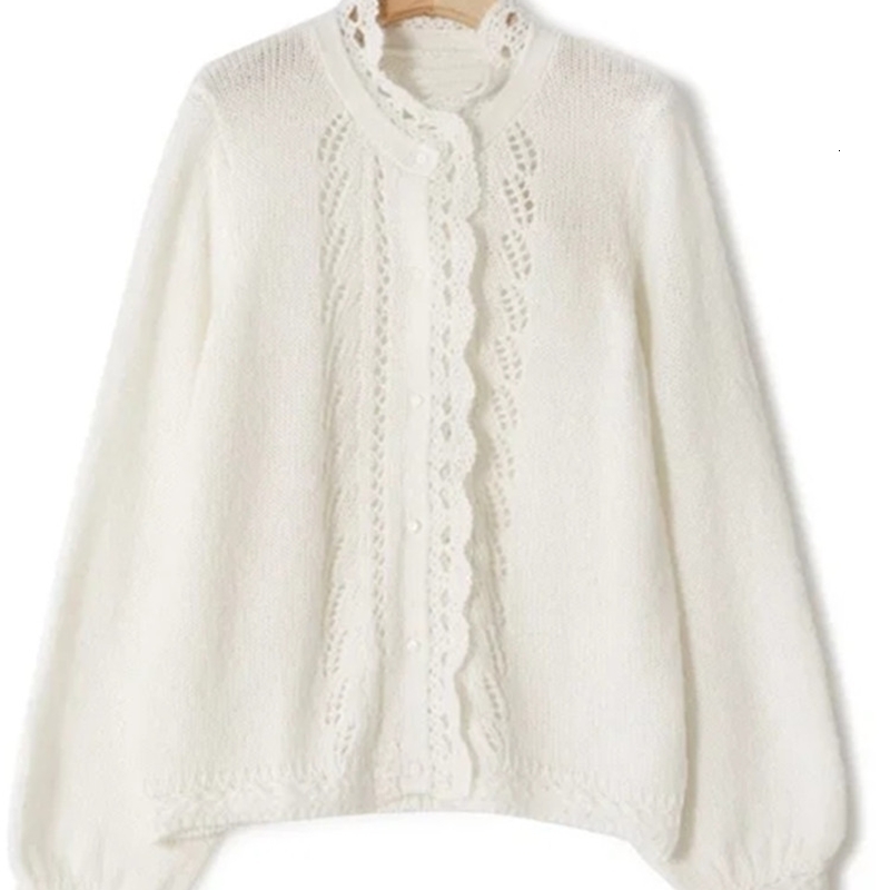 Early spring womens knitted sweater single chest petal decoration hollow cardigan wool soft top 240819