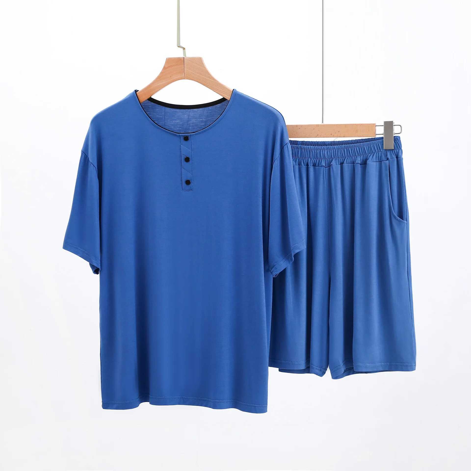 Short sleeved button solid color round neck modular sleep top with short sleeved 2-piece mens sleepwear setW240719