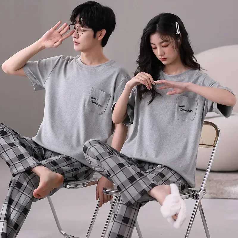 Sports couple summer fashion sleepwear cotton set style sleepwear sleeves home short night gown women/men couple sleepwearW240719