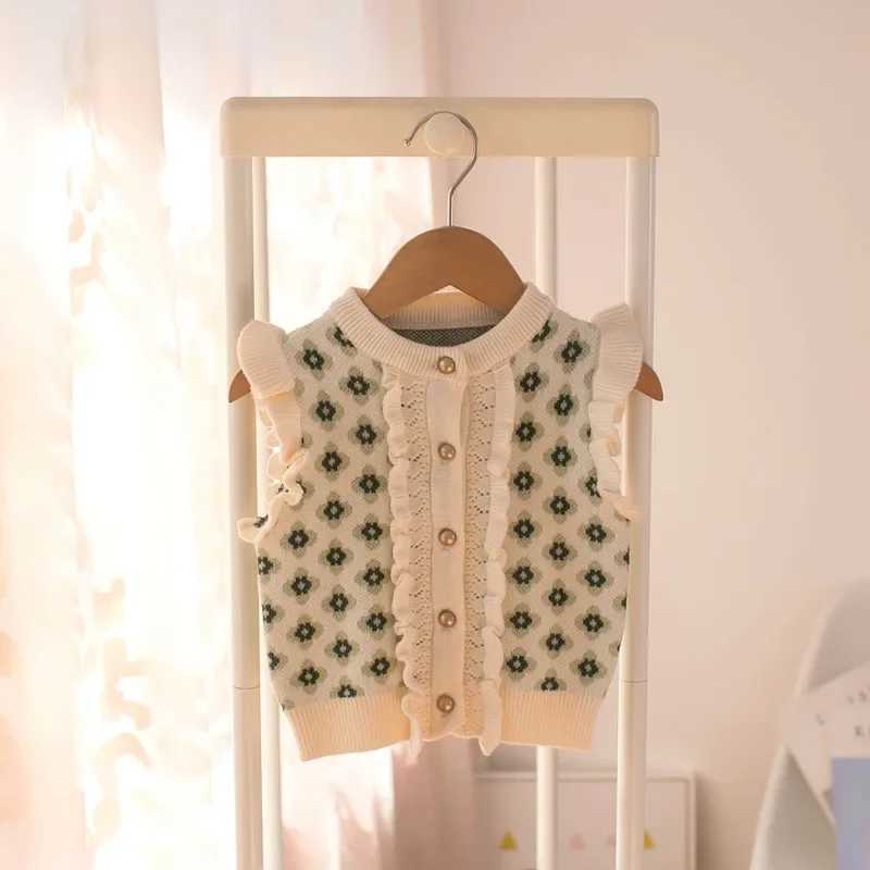 Autumn Girls Vest 2023 Sweet Childrens Sweater Lace Small Flower Baby Kids Coat Spring Single Breasted CardiganXJ240819