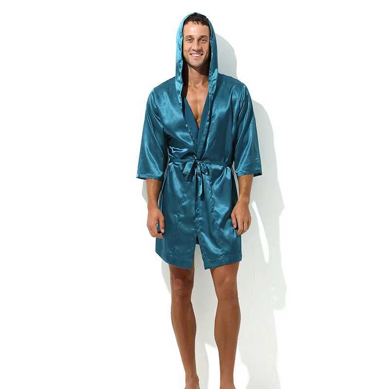 Mens hooded sweatshirt silk satin kimono pajamas half sleeved bathroom gown evening gown mens loose night gown casual wear thin underwearW240719
