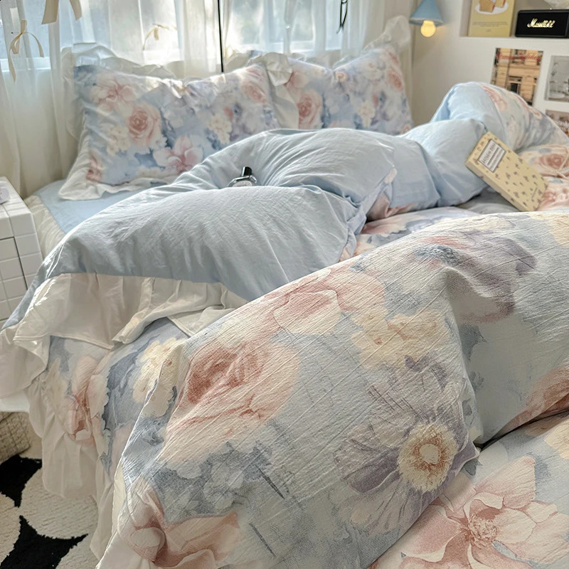 French Romantic Style Bedding Set Princess Skin Friendly And Comfortable Quilt Cover Lace Washed Cotton Printed Duvet Cover Set 240819