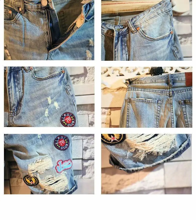 Summer mens letter printed denim shorts with casual holes embroidered labels medium 5point pants fashion 240819
