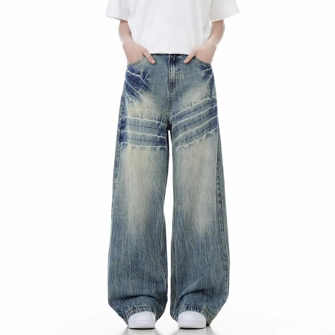 American street hip-hop loose wide leg jeans high street men and women personality trend retro washed straight leg casual pants 240819
