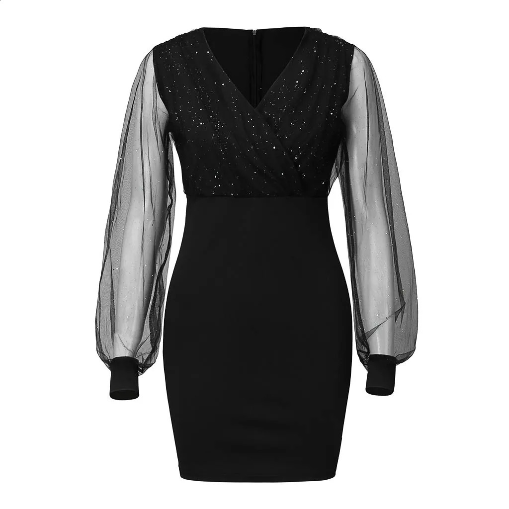 Dress For Women Fashion Elegant Sexy Bag Hip Midi Casual Black Retro Gazue Sequins Long Sleeved Female Dresses Party Culb Dress 240819