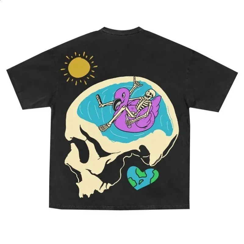 High Quality Cotton Skull Pattern Printed Short Sleeved T-shirt for Mens Ins Style Oversized Loose Trendy Casual Y2k Couple Top 240819