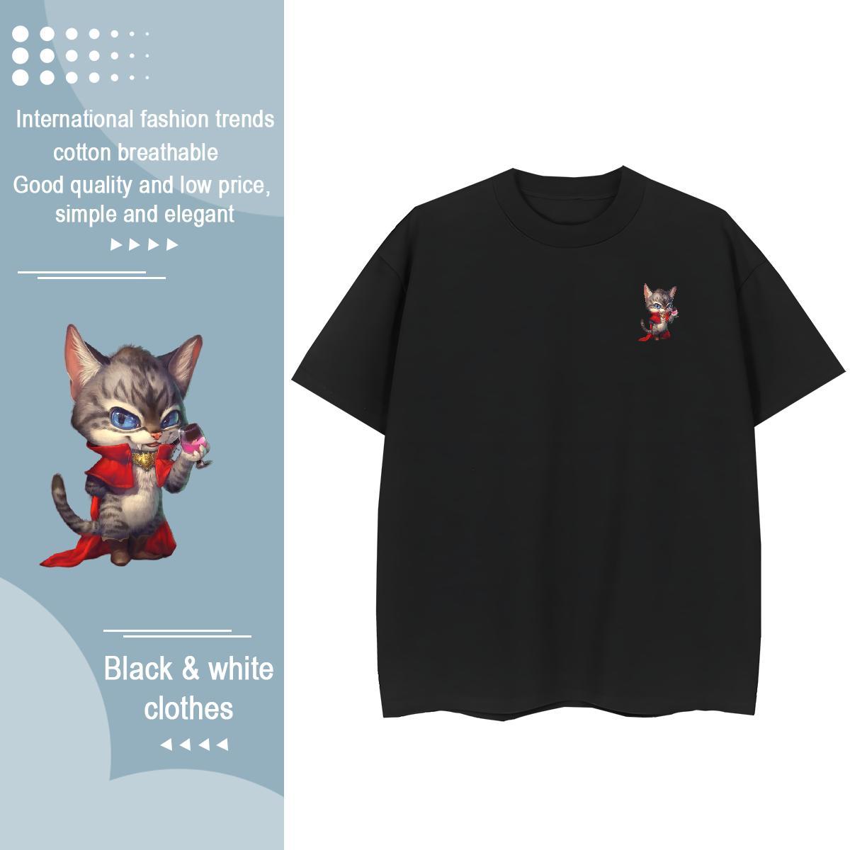 Fashion Casual Tshirts cat Beach 100% Cotton 230g Tees Shirts Round Neck Short Sleeve Free Shipping T-Shirts for Men Black White