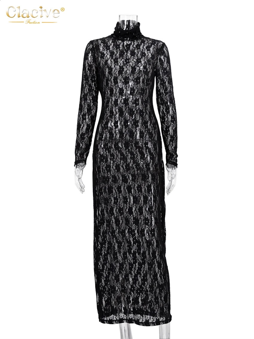 Clacive Sexy See Through Black Womens Dress Bodycon Turtleneck Long Sleeve Maxi Dress Female Fashion Slim Party Club Dresses 240819