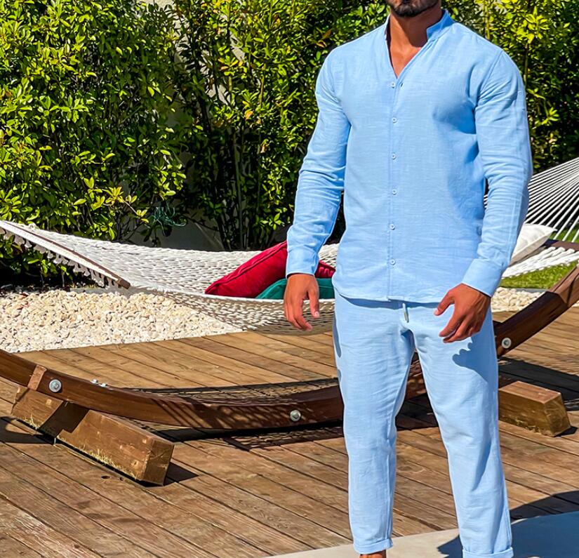 Tracksuit Mens Autumn Linen Long Sleeve Gym Wear Set Casual Fitness Combo with Jogger Pants R240820