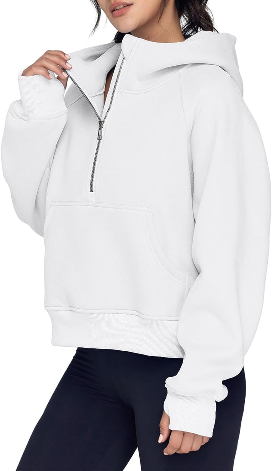 Chic Female Winter Cozy Pullover Hoodie with Stylish Collar & Semi-Zippered Opening Fit Top