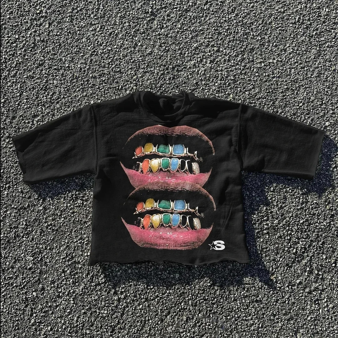 Street clothing Tshirt Y2K hiphop teeth graphic printed black oversized mens Harajuku Gothic cotton short sleeved top 240819