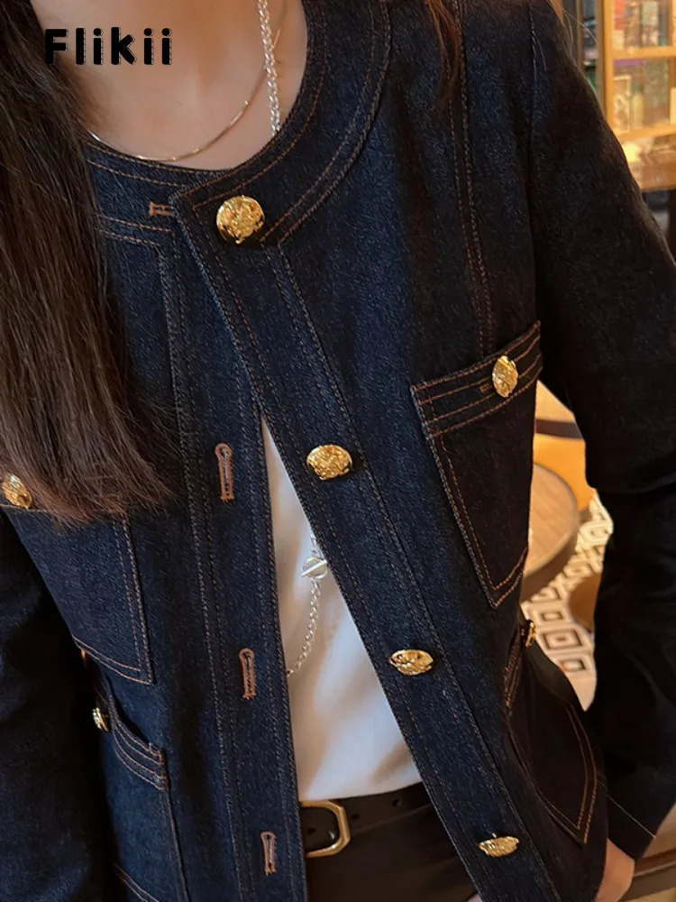 Korean fashion single chest long sleeved jacket autumn womens casual solid elegant round neck pocket retro denim 240814