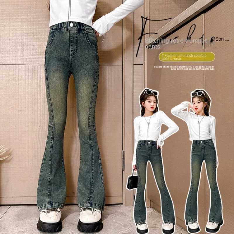 Childrens clothing spring autumn patchwork denim Flared Pants ultra-thin American retro denim Trouser solid color breathable casual jeansW240819
