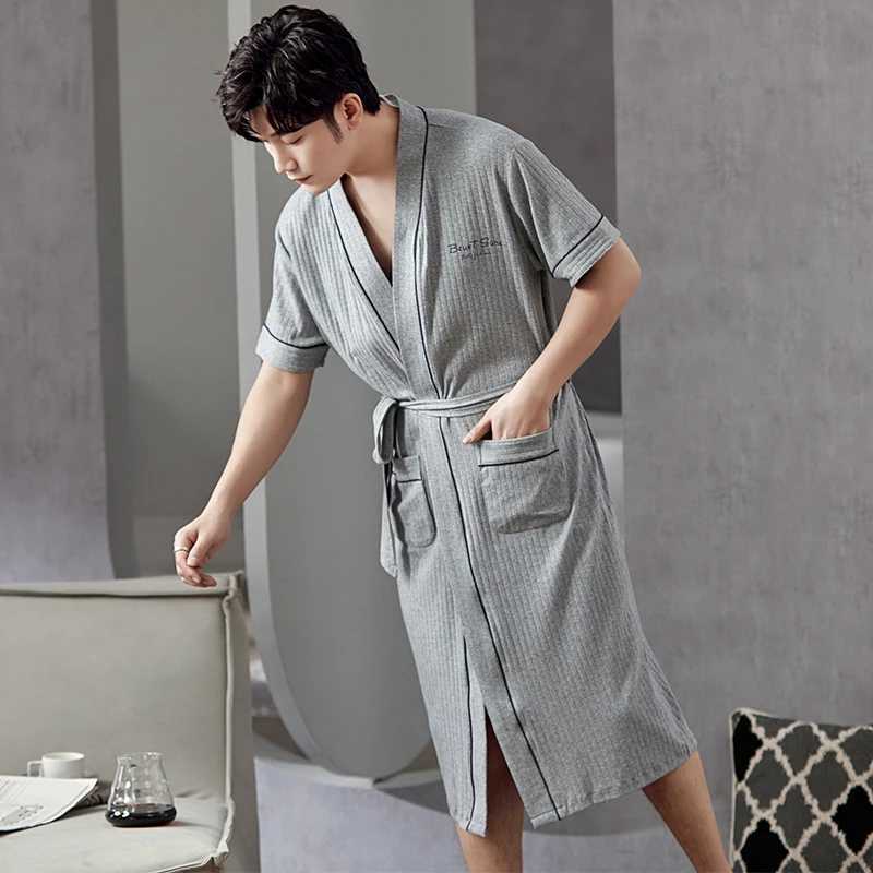 Fashionable Bathrobe new thin cotton knitted mens long robe V-neck mens sexy pajamas summer mens kimono short sleeved pajamas L-4XLW240719