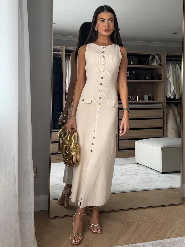 Womens Knitted Open Collar Dress Summer Sleeveless Fashion Elegant Button Body 240819