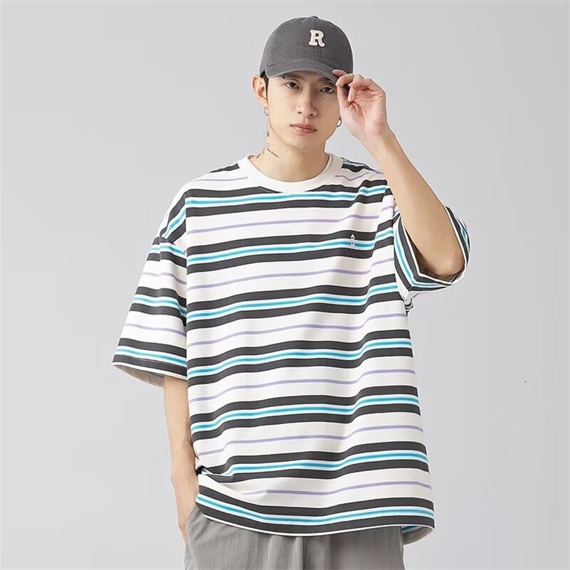 Summer Y2K Vintage Striped Men T-shirt 2024 Cotton Short Sleeve Embroidered T Shirt Streetwear Hip Hop Fashion Tee Tops 240819