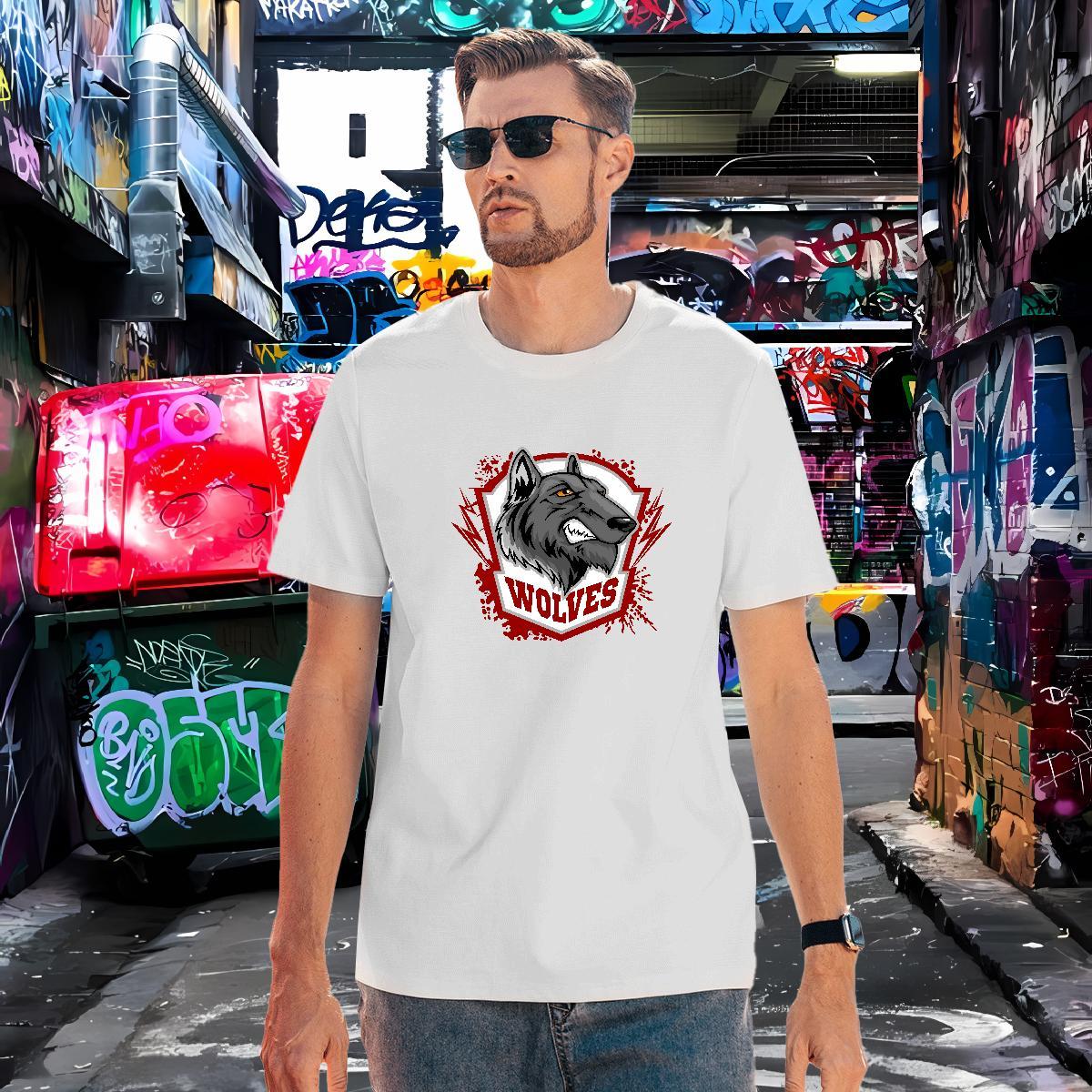 Loose Fit T Shirts Men wolf O Neck Short Sleeves Street Black White 100% Cotton 230g Tshirts Fashion Tees Shirts