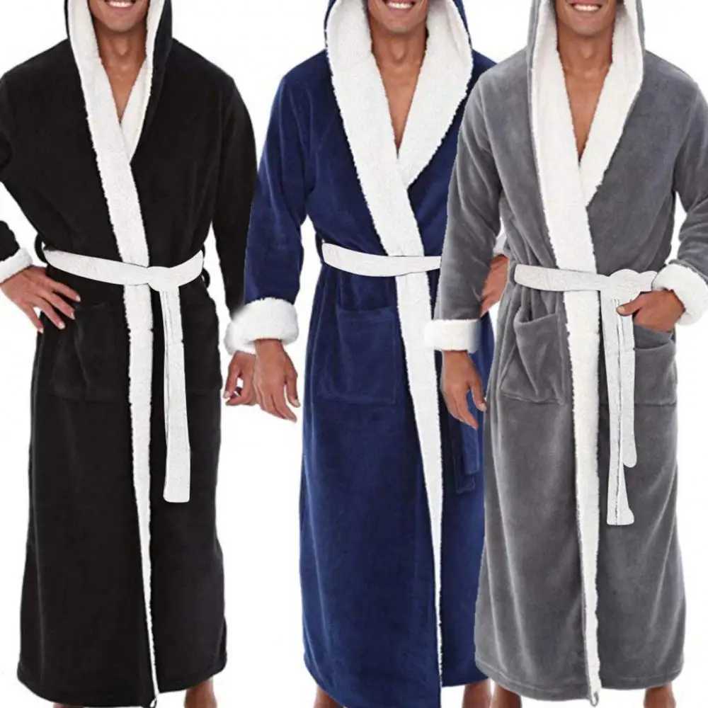 Sleepwear Soft Pocket Mens Coral Velvet Color Block Long Bath Robe Home Dress SleepwearW240719