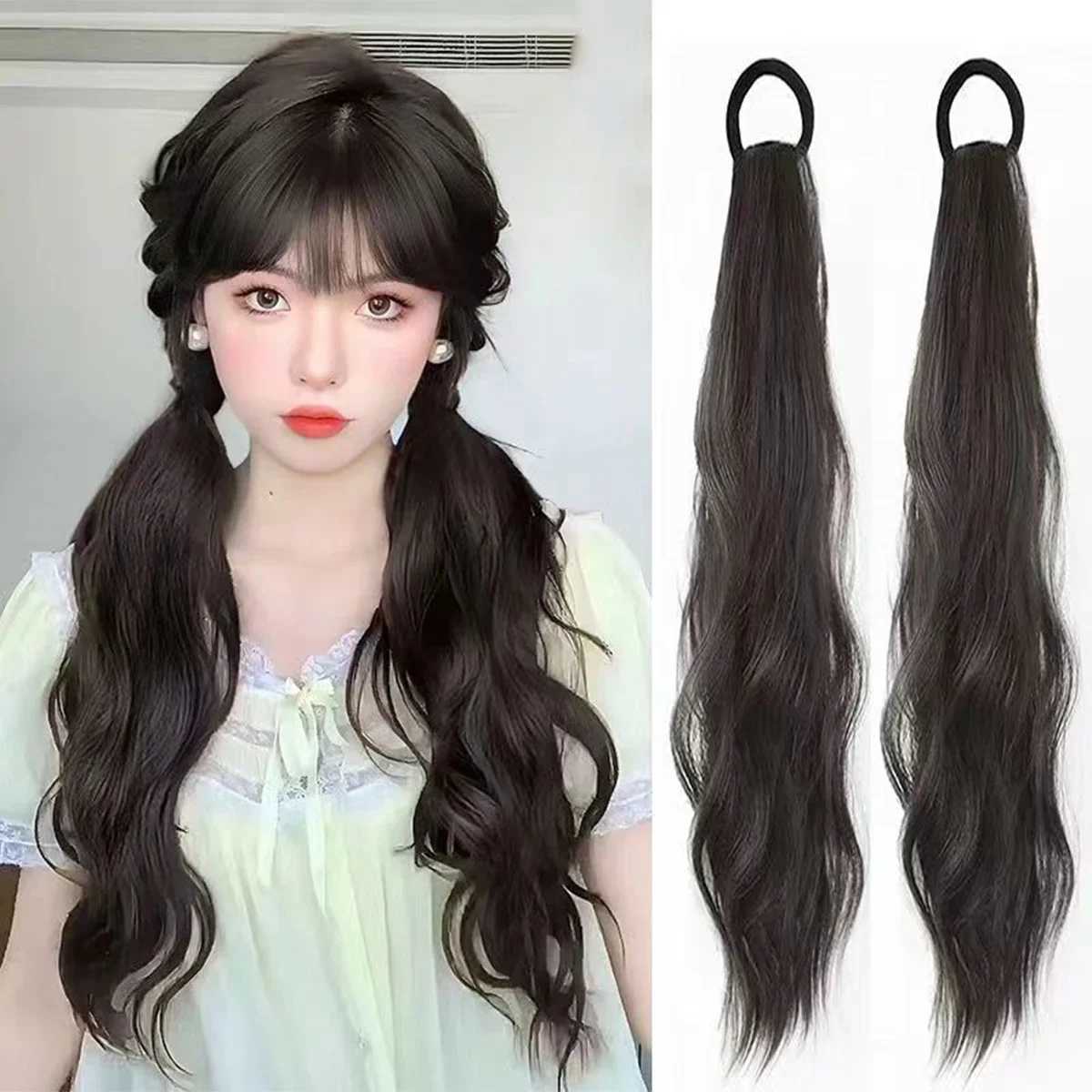 Synthetic rubber with ponytail cute woman black slightly curled ponytail extension heat-resistant wig W240817