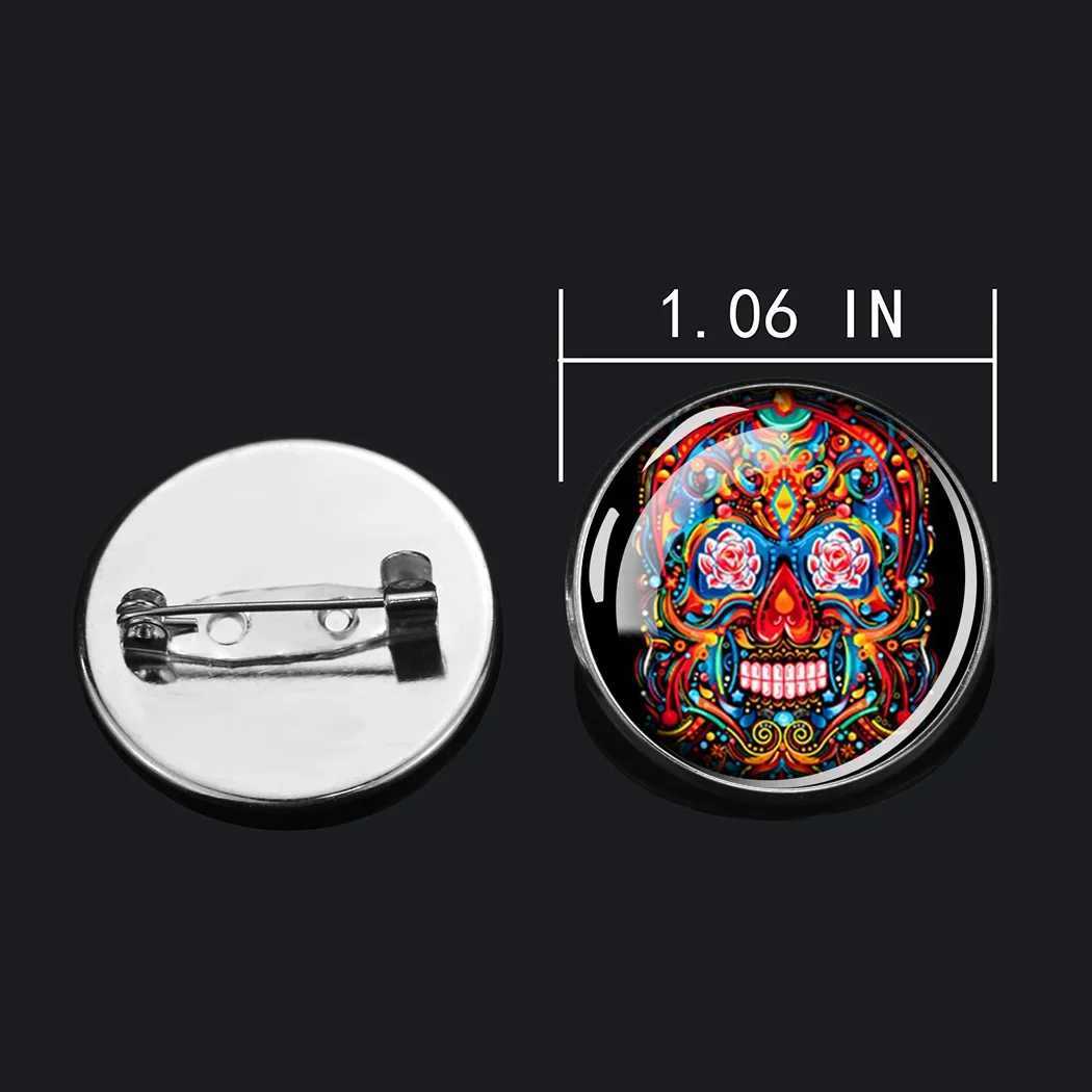 Fashion skull badge human skull glass Canbochon gemstone round silver/brown brooch backpack clothing brooch Halloween gift W240815