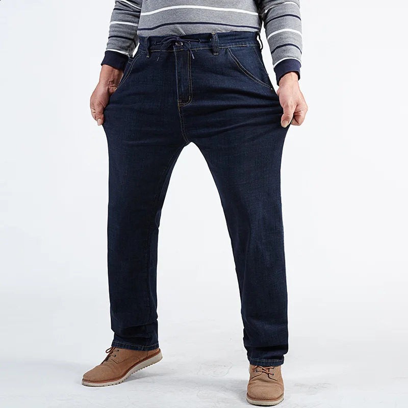 180KG Plus size mens jeans big 56 54 52 autumn thick straight waist dad elastic denim Trouser blue loose pants 240819