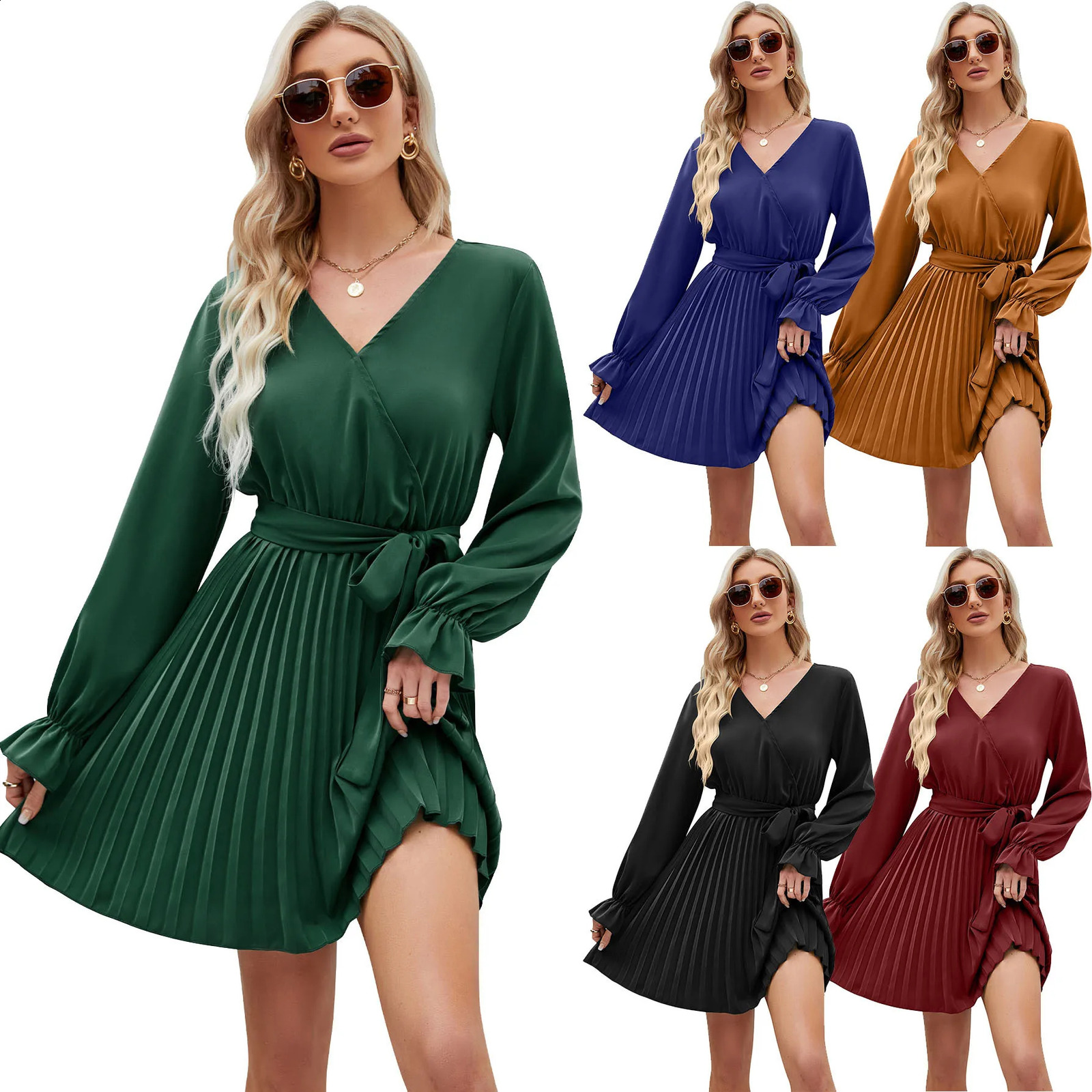 Womens Dress Spring Autumn Female Long Sleeve Dress V-neck Lace Casual Pleated Dress Soft Comfy Vintage Womens Dress 240819