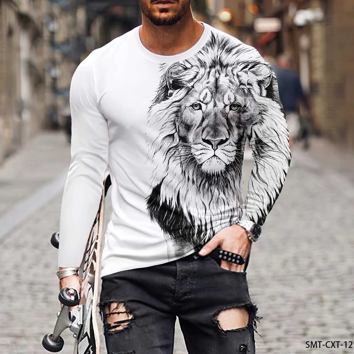Funny 3D Lion Print Mens T Shirt Casual Cotton Long Sleeve T-shirts Fashion Loose O-neck Pullover Tops Autumn Tee Mens ClothesXJ240819