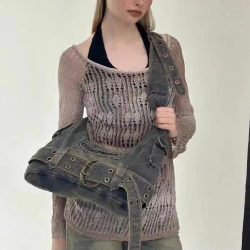 Fashion Y2k Underarm Bag Trendy Women Vintage Belt Zipper Shoulder Bags Casual All Match Denim Handbags Femme 240819 c07d 4