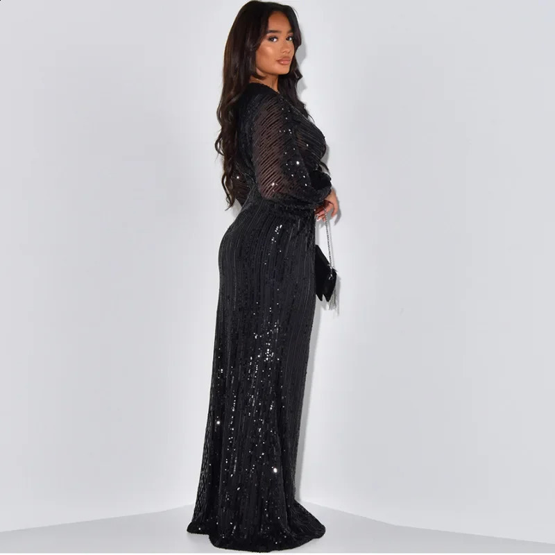 Fashion Sequined Womens Dress Long-Sleeved V-neck Dresses Elegant Party Sundress Lady Vintage Vestidos Oversized 240819