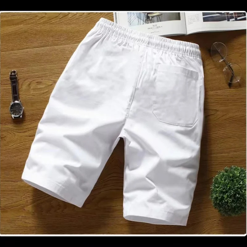Summer pure cotton mens casual solid color shorts straight tube loose breathable elastic waist with bead tie rope 240819