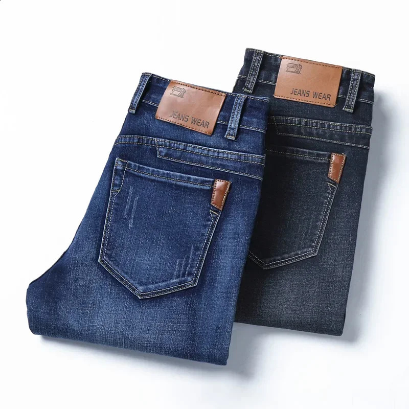 jeans mens winter season regular straight leg pants elastic slim fit casual 240819