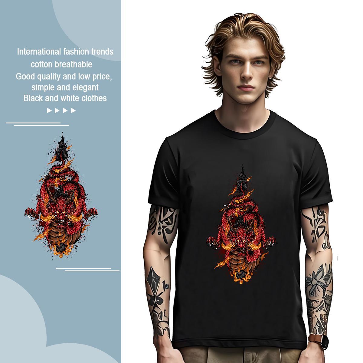T Shirts Men 230g 100% Cotton fierce Casual Breathable Short Sleeve Cartoon Print Couples T Shirts Fashion Design Unisex Tshirts