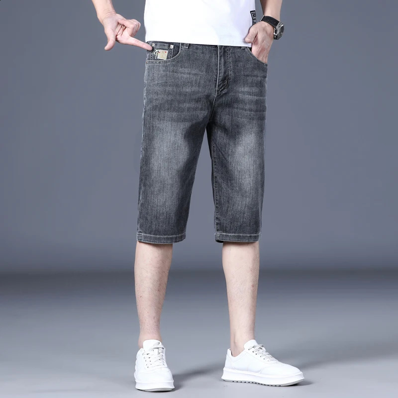 Summer thin stretch fabric denim mens straight leg loose blue embroidered knee jeans 240819