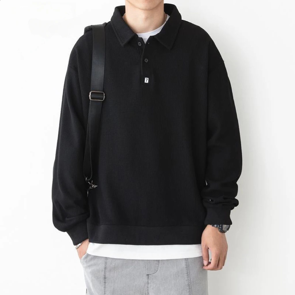 Mens Clothing Baggy Black Top Polo T Shirt for Man Unicolor Sweatshirts Plain 90s Vintage Harajuku Fashion Long Sleeve Full It 240819