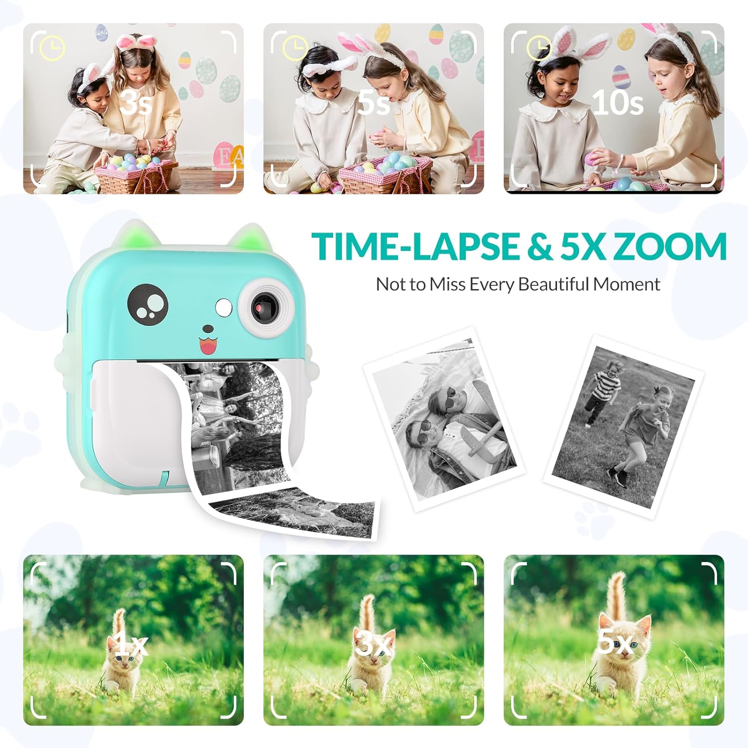 Kids Camera Instant Print Photo Children Inkless Mini Printer Digital Instax Cameras Video Educational Toys Boy Girl Gift with 2.4inch Screen 48MP Pho