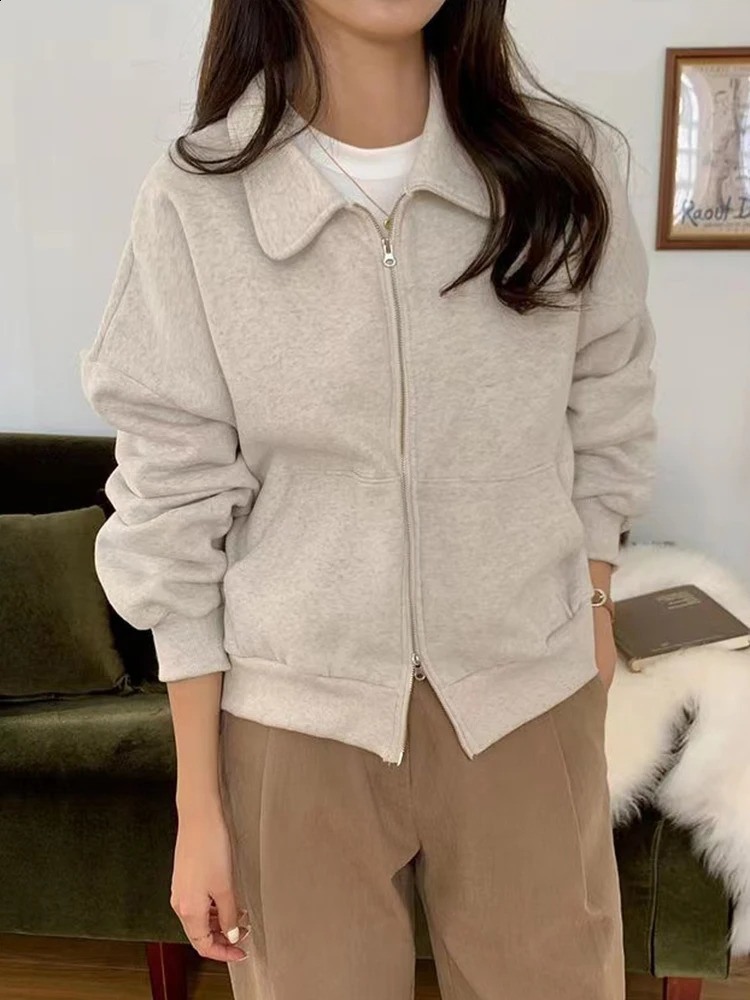 Vintage Zip Up Sweatshirts Cardigans Winter Autumn Women Hoodies Long Sleeve Plain Grey Tops Jacket Coat Loose Casual Short Coat 240819