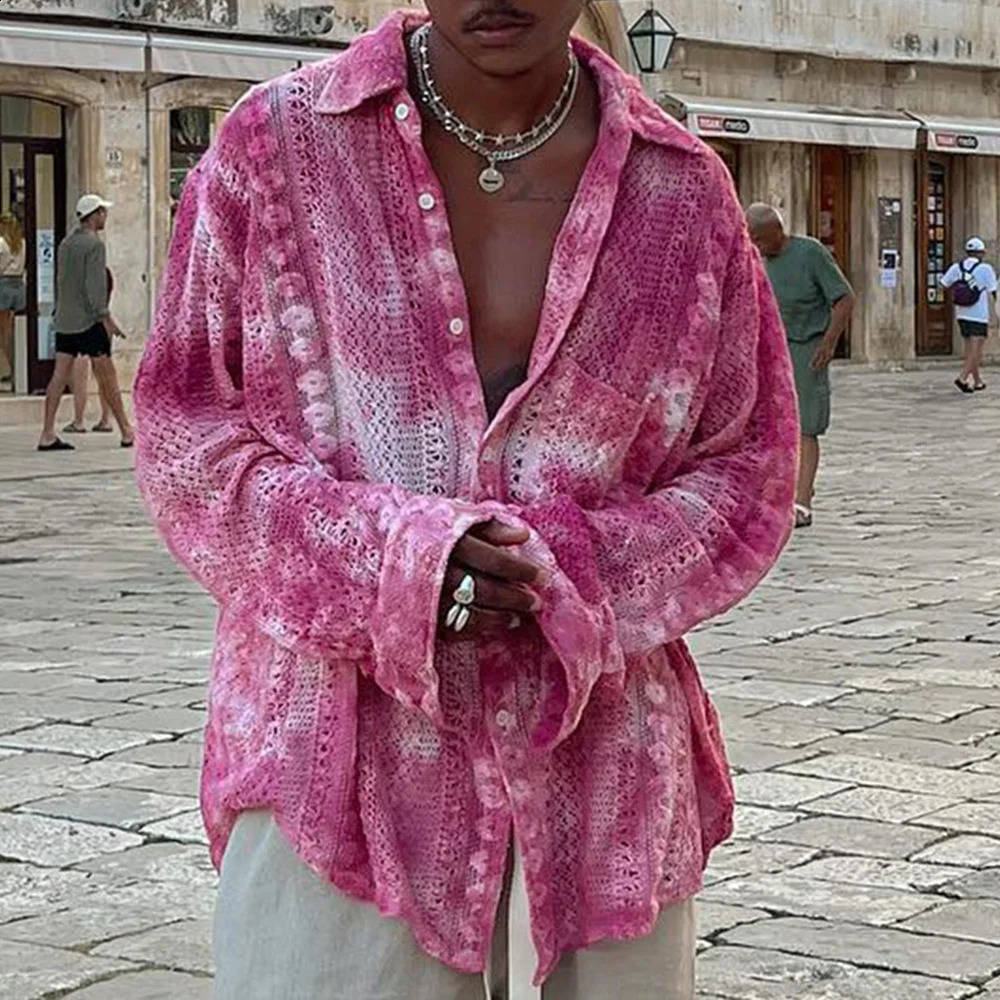 Mens shirt casual hollow mesh see through top fashionable and personalized niche jacket breathable mens summer style 240820