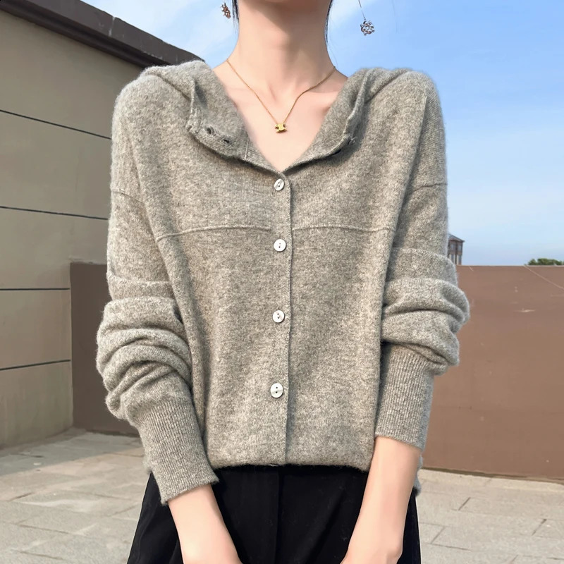 100% wool cardigan sweater womens hooded solid color long sleeved autumn and winter knitted casual warm 240819