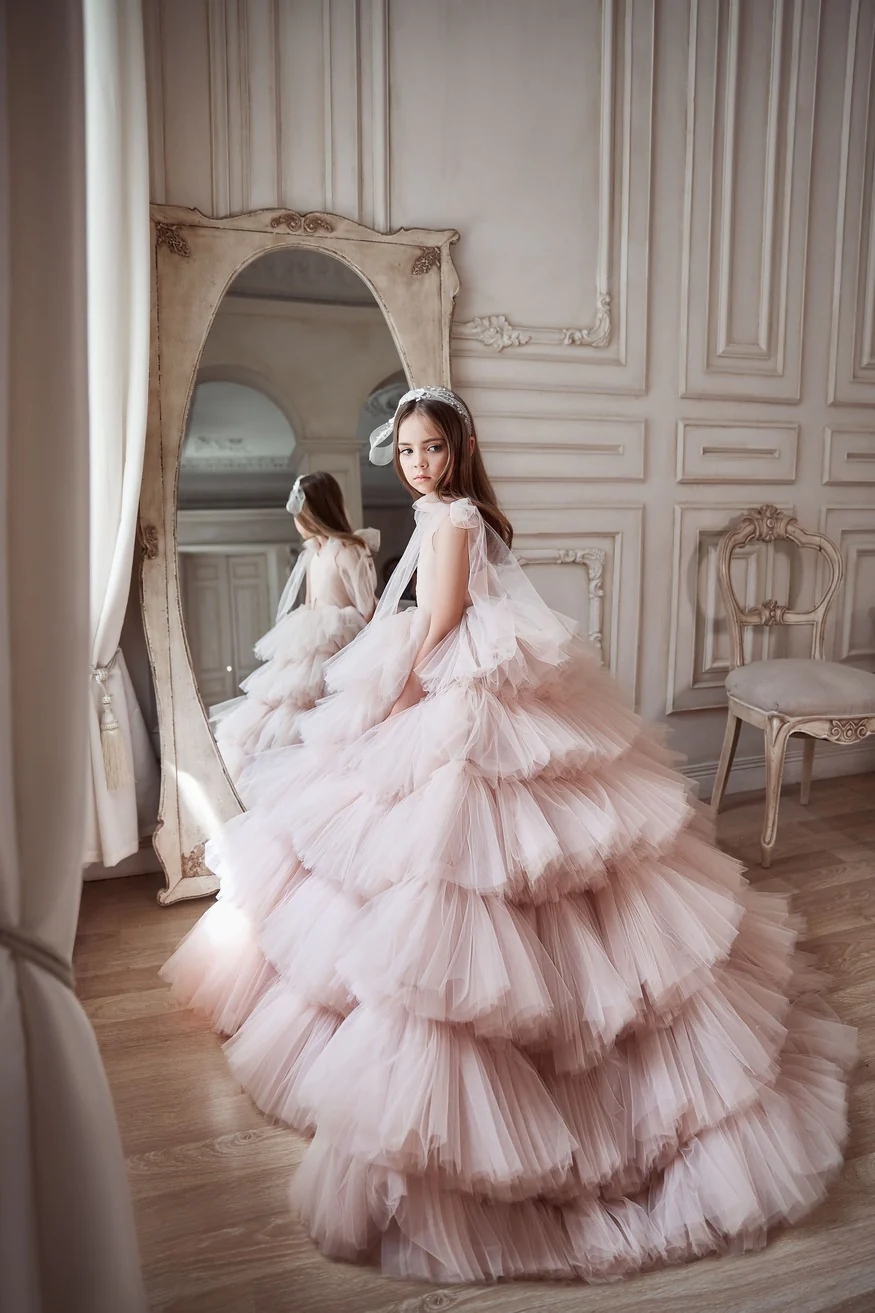 Pink Mini Quinceanera Dresses Ball Gown Sheer Tulle Tiered Puffy Long Flower Girl Dresses For Weddings Mexican Charro Pageant Dresses Baby
