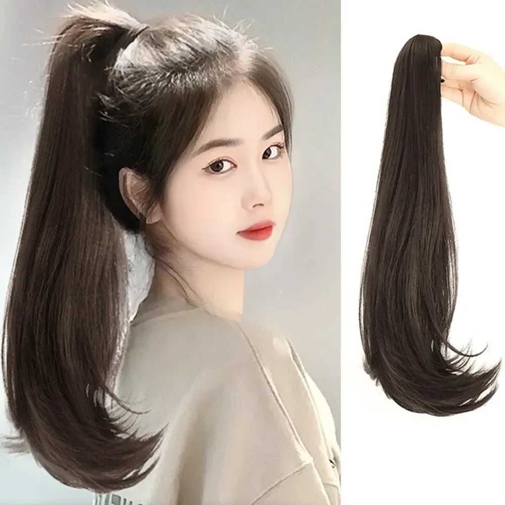 45cm natural synthetic straight ponytail clip wig for women simulating fluffy and slightly tilted hair extension W240817