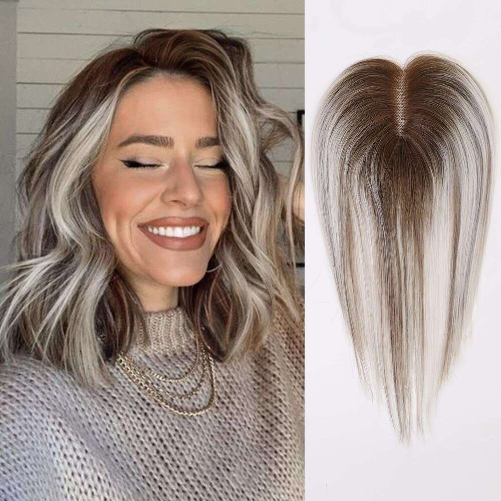 100% Remy Human Toppers Silk Base Clip Pieces Brown Ombre Grey Ash White Hairs Topper In Extension For Women Hair Loss