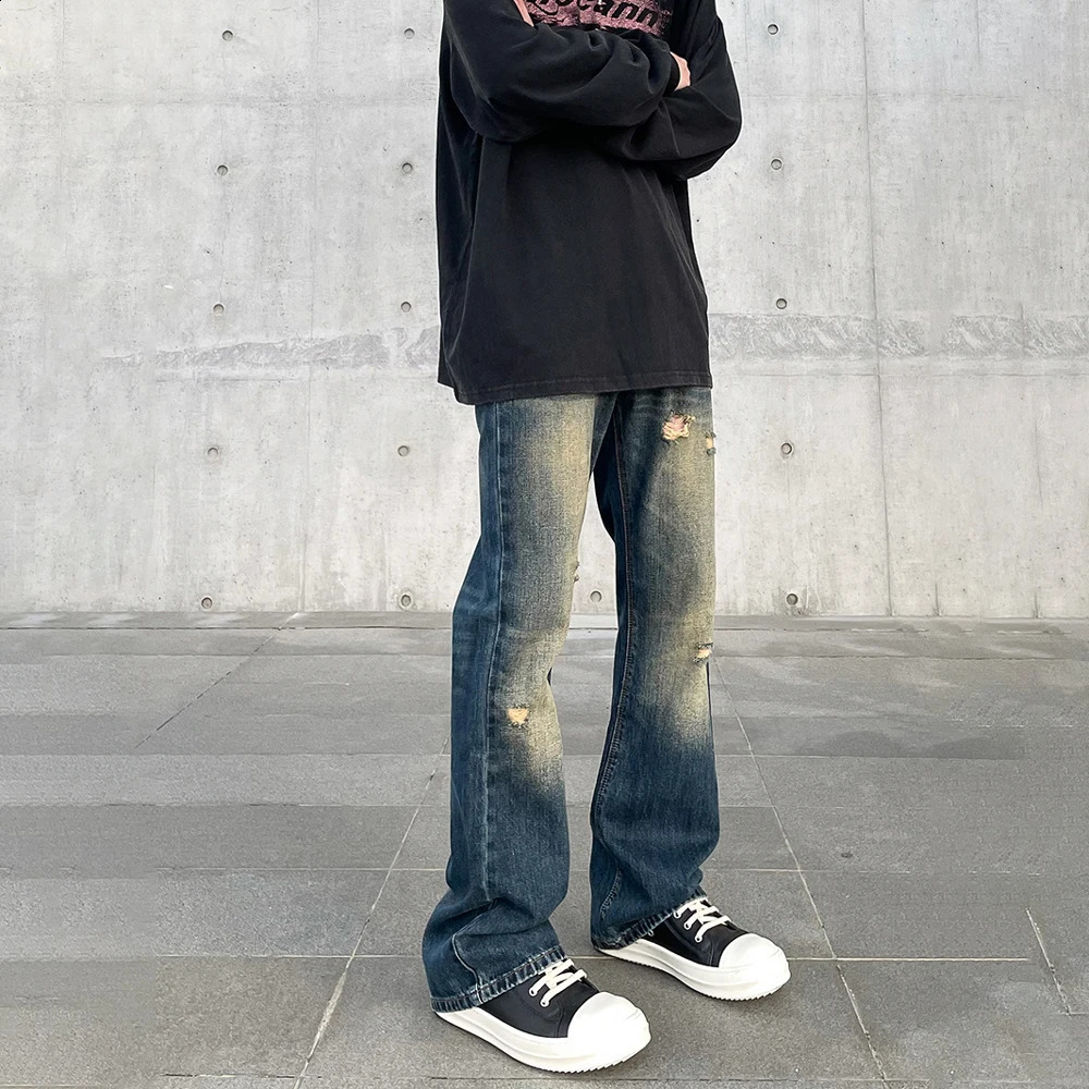 Ripped Jeans Men Streetwear Y2k Autumn Slim Casual Fashion Trousers Vintage Blue Flared Distressed Winter Fit Street Denim Pants 240819