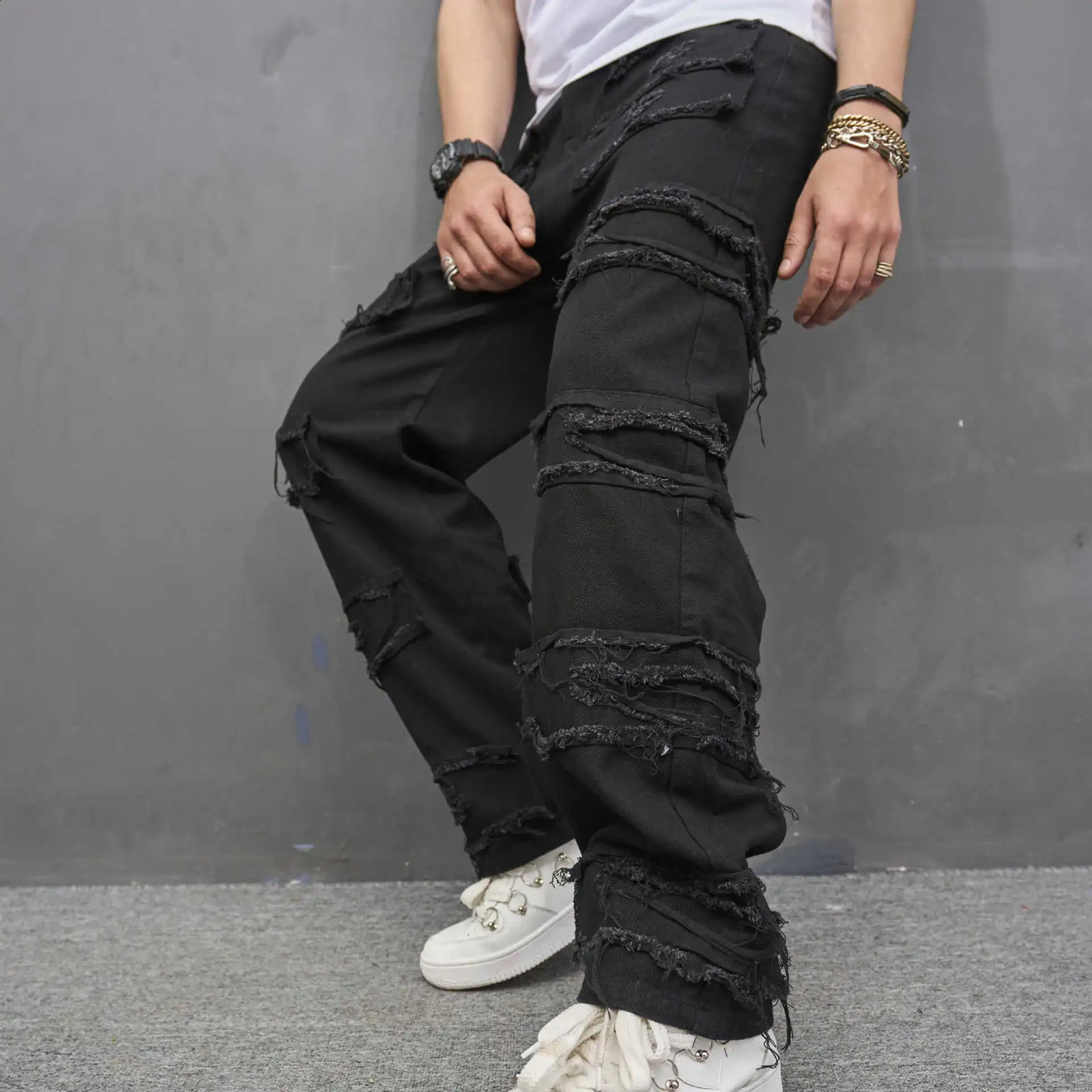 European And Emerican Black Men Jeans Slim Y2K Streetwear Wide Leg Straight Hip Hop Punk Style Stacked Trousers 240819