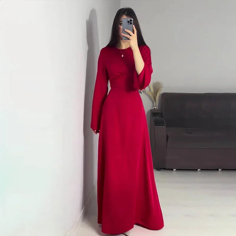 Women Satin Long Dresses Sexy Lace Up Slim Evening Dresses Simple Round Neck Flare Sleeve Birthday Party Dresses For Women 240823