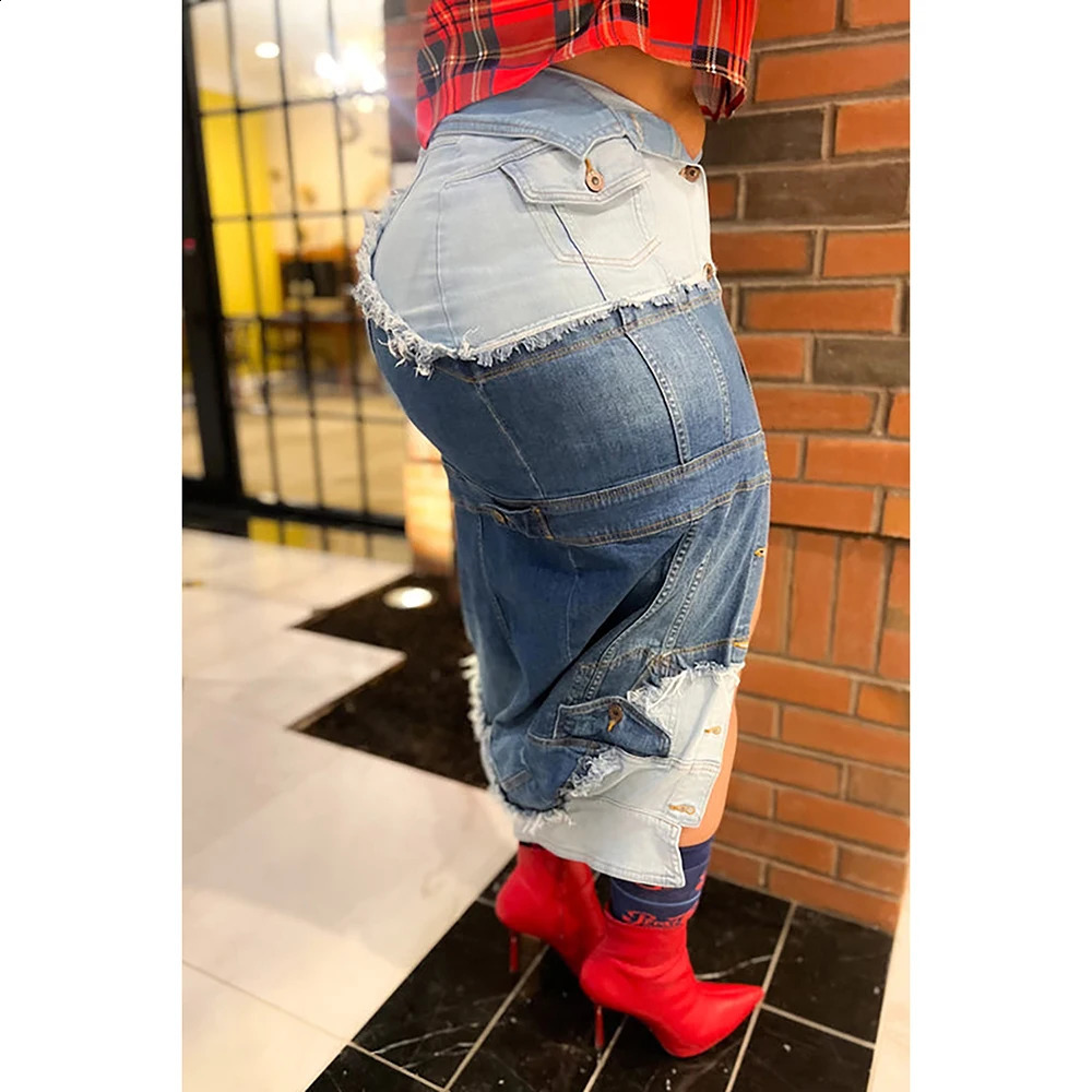 Plus Size Womens Denim Skirt Holiday Blue Patchwork Button Slit Four Seasons Party Denim Skirt 240820