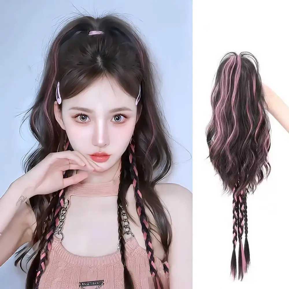 45CM Y2K Womens Ponytail Synthetic Wig Pink Blue High Brightness Ponytail Simulation Hair Half Series Curly Hair Trend Hot Girl W240817