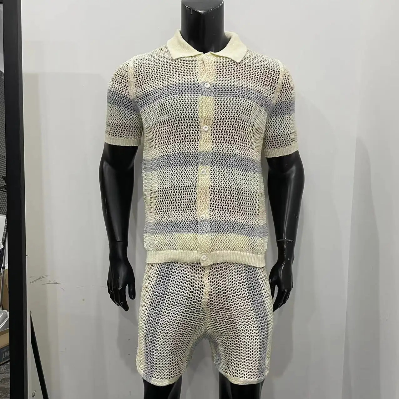 Mens Sets Summer Knitted Cardigan Shorts Color-Blocked Two-Piece Suit Men 240819